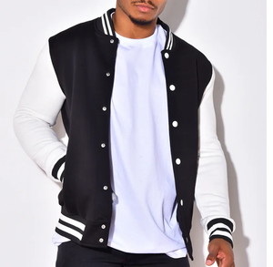 Custom Wholesale Blank Bulk Plain Unisex <b>Black</b> Men Women College Varsity <b>Jacket</b> Long Sleeve Breathable <b>Fleece</b> Baseball Letterman - Product Image 1