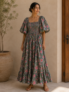 Floral Print A-Line Maxi Dress Smocked Square Neck Puff Sleeve Casual Summer Women Dress - Product Image 3