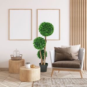 Albero di Ulivo Artificiale da Interno/Esterno da 105 cm con Triplo Piantagione di Bosso e Foglie di Sandalo, con Vaso, per Uso Domestico - Product Image 6