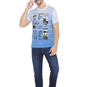 Men's Light Blue Striped Short Sleeve T-<b>Shirt</b> O-Neck Casual Printed <b>Patchwork</b> Design Regular Fit Cotton Jersey Breathable - Product Image 5