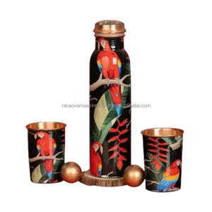 El juego de regalo de botella de agua de cobre puro con estampado de hojas y Loros incluye 2 vasos ideales para vacaciones a un precio razonable - Product Image 6