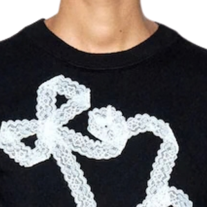 Suéter de punto de manga corta supersuave con lazo de encaje negro para mujer, jersey casual de cuello redondo con diseño de dobladillo acanalado - Product Image 5