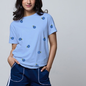 T-shirt en coton pour femme 160 GSM, imprimé fruits Myrtille, col rond, manches courtes, bleu clair – Fabricant de vêtements - Product Image 5
