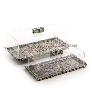 Plateau de service en bois de qualité supérieure incrusté de nacre, couvercle en acrylique, design personnalisable, mosaïque de coquillages, plateau à chocolat, Ramadan - Product Image 3