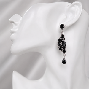 Onyx Chandelier <b>Earrings</b> | <b>Silver</b> Plated Brass with Lovers Shape | Vintage Boho Style Women's Party Jewelry - Product Image 3