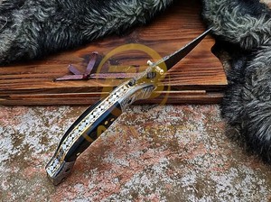 Couteau de poche pliant EDC en acier Damas personnalisé avec manche en corne de bélier véritable, OEM disponible - Product Image 3