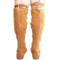 Sandalias de gladiador planas de cuero de ante tostado para mujer a la moda al por mayor con cordones sandalias bohemias hasta la rodilla de cuero genuino hechas a mano