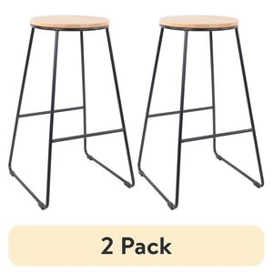 Modern <b>Bar</b> <b>Stools</b> 28"H <b>Backless</b> Set of 2 Black Metal Base with Natural Wood Seat - Product Image 1