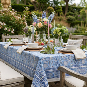 Meadow Song Blue 10 Seater <b>Tablecloth</b> 180x270cm Handcrafted Block Printed 100% Cotton Wedding Dining Home Decor Style - Product Image 3