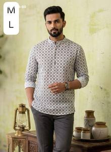 New Arrival Linen Cotton with All-Over Printed Full-Sleeve Band-Collar & Stylish Button Short-<b>Kurta</b> Collection At Wholesale Rate - Product Image 6
