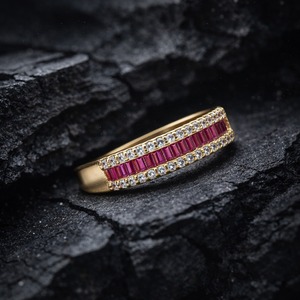 Anillo de Eternidad Chapado en Oro Amarillo con Moissanita, Diamantes de Corte Baguette, Engaste en Canal y Pavé, Joyería Clásica de Boda para Mujer - Product Image 2