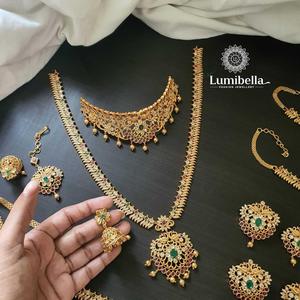 South Indian Bridal Jewelry Set-Gold Plated Zircon Earring Set Trendy Coin Design - Product Image 2