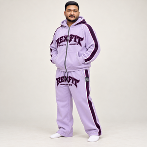 Ensemble de survêtement unisexe personnalisé avec sweat à capuche zippé lilas et pantalon large à imprimé graphique contrastant – Vente en gros, tenue d'hiver - Product Image 3