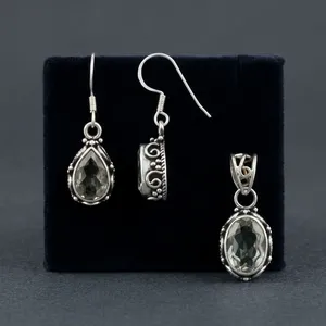 925 Sterling Silver Green Amethyst Pendant Earrings Set Handmade Vintage Gemstone Jewelry For Women Wholesale - Product Image 5