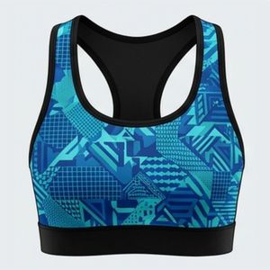 Women's Light Blue Checkered Racerback Sport Bra Scoop Neck Medium Support Breathable Spandex Polyester Yoga <b>Top</b> Seamless Design - Product Image 1