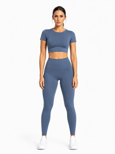 Ensemble de yoga 2 pièces : Crop top col rond et Legging taille haute longueur intégrale, sans couture, taille élastique, en Spandex/Nylon, séchage rapide - Product Image 3