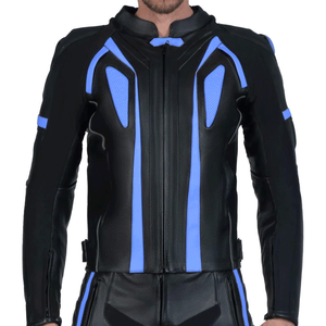 Blouson de moto unisexe en Spandex/Nylon noir et bleu véritable, protections CE, imprimé numérique color block, pour la course - Product Image 1