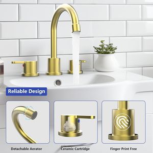 Grifo de lavabo de baño de 8 pulgadas con 2 manijas, 3 orificios, caño giratorio 360 grados, acabado oro cepillado, de amplio alcance, con desagüe de botón, para lavabo de tocador - Product Image 3
