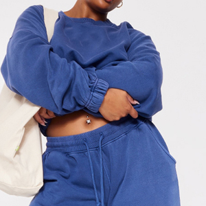 Ensemble de survêtement bleu grande taille pour femme, manches longues, coupe ample, taille à cordon, tenue décontractée avec poches latérales, couleur unie, automne - Product Image 5