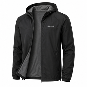 Veste coupe-vent légère à capuche pour homme avec doublure en mesh, poches zippées, vêtements d'extérieur décontractés, noir uni, coque en polyester - Product Image 1