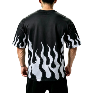 Mens Loose Flame Print <b>T</b>-<b>Shirt</b> Short Sleeve Crew Neck Black <b>White</b> Streetwear Casual Wholesale <b>Bulk</b> - Product Image 2