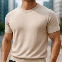Kaos Rajut Kustom Mewah Premium Campuran Viscose Katun Slim Fit Kerah Bulat Rajutan Pullover Kasual Warna Solid Musim Panas Pria