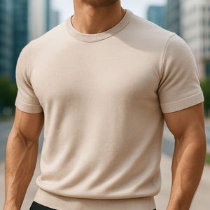 T-shirt tricoté sur mesure de luxe, mélange de viscose et de coton de qualité supérieure, coupe ajustée, col rond, pull tricoté décontracté, couleur unie, tee-shirt d'été pour homme - Product Image 5