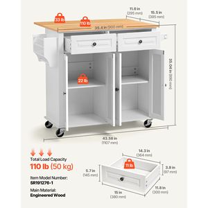 Îlot de cuisine en bois massif avec rangement, chariot mobile de 43,58 pouces de large avec roulettes pivotantes, 2 tiroirs et armoire de rangement - Product Image 3