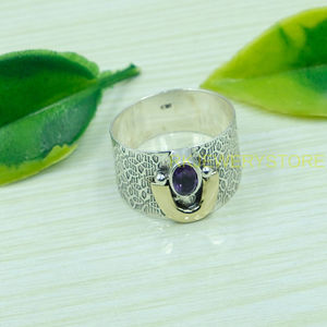 แหวนอเมทิสต์ เงินแท้ 925 ประดับด้วยทองเหลือง แหวนสเตทเมนท์ แหวนสัญญา แหวนแฮนด์เมดแบบตอกลาย สำหรับเครื่องประดับอเมทิสต์ - Product Image 5