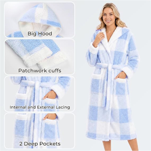 Bata de baño de lana afelpada cálida de invierno para mujer, con capucha, a cuadros, suave, de felpa, camisón informal, ropa de dormir, bata de spa - Product Image 2