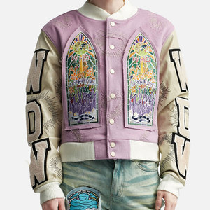 Men's Pink Varsity <b>Jacket</b> With Embroidered Stained Glass Design And Letter Sleeve Patch Streetwear Style Autumn Wear - Product Image 1