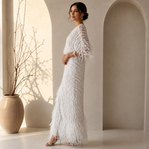 Luxury White Feather <b>Sequin</b> Embellished Evening Dress for Women Elegant V Neck Beaded Draped Maxi Gown for Wedding Party Formal - Product Image 4