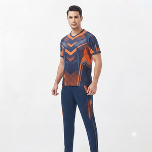 Ensemble de t-shirts pour hommes bleu et orange multicolores à col en V, séchage rapide, tricotés en polyester et élasthanne, décontractés pour l'été - Product Image 1