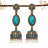 Boucles d'oreilles pendantes bohèmes ARTS JEWELS pour femme, en argent oxydé bicolore, motif fleur antique, serties de pierres turquoise, pour fiançailles