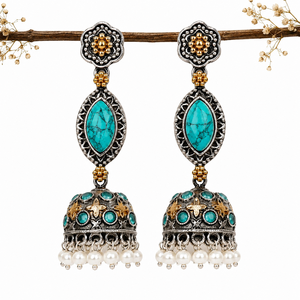 Boucles d'oreilles pendantes bohèmes ARTS JEWELS pour femme, en argent oxydé bicolore, motif fleur antique, serties de pierres turquoise, pour fiançailles - Product Image 3