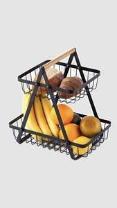 Panier à fruits métallique détachable pour cuisine, support portable à poignée en bois, étagère à double niveau pour fruits et légumes, grande capacité - Product Image 5