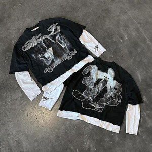 เสื้อยืดแขนสั้นสีดำขนาดใหญ่พิเศษพร้อมพิมพ์ลายภาพตัดกันสไตล์สตรีทเสื้อคอกลมผู้ชาย - Product Image 1