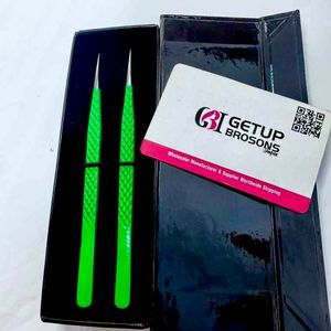 GETUP BROSONS IMPEX Slim Long Green Stainless Steel Eyelash Tweezers Precision Tool <b>Box</b> Packaging - Product Image 5