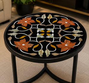 Elegante Mesa Auxiliar Redonda Moderna con Incrustaciones de Mármol Negro, Arte Floral Hecho a Mano para Muebles de Hogar y Hotel - Product Image 3