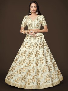 Cream Floral Embroidered Lehenga Set V Neck Short Sleeve Blouse Full Skirt Evening Dress <b>Bride</b> Wear - Product Image 1