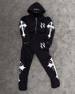 Ensemble de survêtement gothique noir à capuche, manches longues, fermeture éclair sur le devant, imprimé croix blanche, tenue décontractée d'automne pour garçons et enfants - Product Image 1