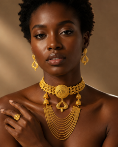 Ghanaian Ethiopian Bridal Gold Plated <b>Choker</b> Necklace Set With Earrings Statement Jewelry For Wedding Women's Ethnic Style - Product Image 3