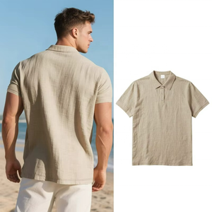 Men's Summer British Casual-Style Button-Down Loose-Fit <b>Linen</b> Polo Shirt - Product Image 3