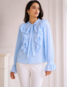 Blusa Casual de Mujer de Otoño, Estilo Vintage, Tejida, Transpirable, Teñida, 100% Poliéster, Sólida, 2 Colores, con Volantes Delanteros, Manga Larga y Cuello con Lazo - Product Image 1