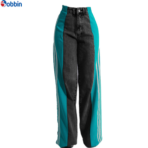 Pantalones Vaqueros con Rayas Laterales y Logotipo Personalizado para Mujer, Ropa de Moda, Pantalones de Pierna Ancha con Parches y Cintura Alta, Pantalones Rectos de Mezclilla - Product Image 5