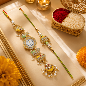 Beautiful Kashmiri <b>Watch</b> and Rakhi Pair for Raksha Bandhan, Traditional Handcrafted Festive Gift Combo Set - Product Image 3