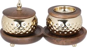 Luxury Handcrafted Copper Bakhoor <b>Burner</b> with Wooden Handle Handmade Brass Incense <b>Burner</b> with Sandalwood Lid Aromatic Diffuser - Product Image 2