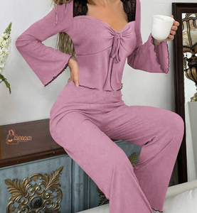 Women's Knitted Lounge Set Long Sleeve Bow Collar Solid Color Soft Stretchy Full Length <b>Pants</b> Autumn Wear - Product Image 6