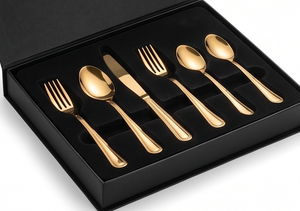 Ensemble de couverts élégants en or, finition miroir haute brillance, compatible lave-vaisselle, design de manche en métal, pour mariage et repas. - Product Image 6