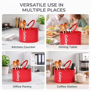 <b>Red</b> Cylindrical <b>Metal</b> Cutlery Storage Holder with Handle for Kitchen Tableware Organization Modern Design - Product Image 5